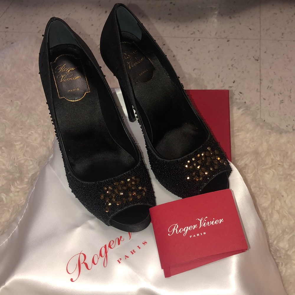 New Roger Vivier Black Satin Beaded Pumps.